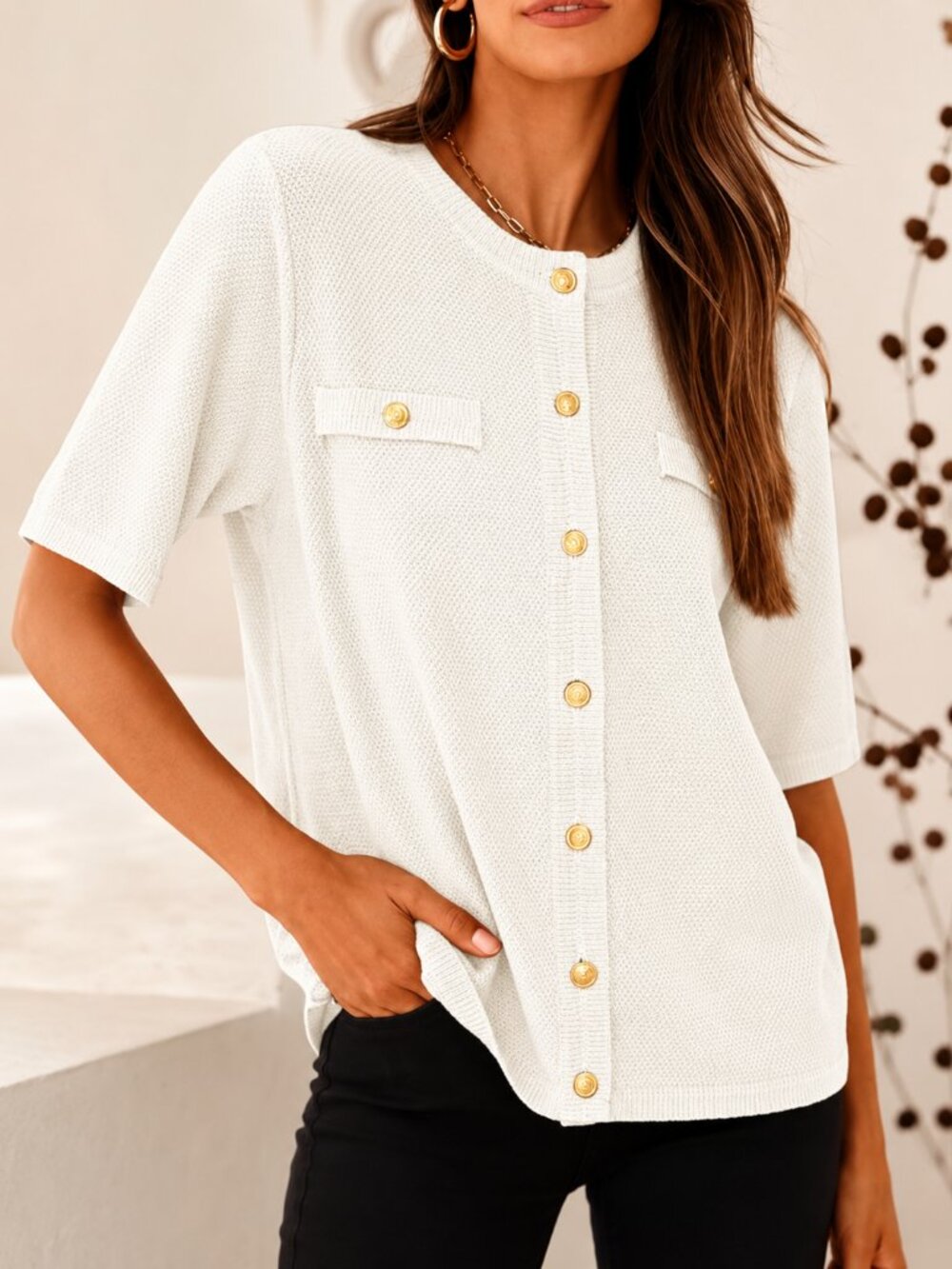 PrettyGarden NEW White Gold Crest Button Textured Knit Cardigan Top SZ Small
